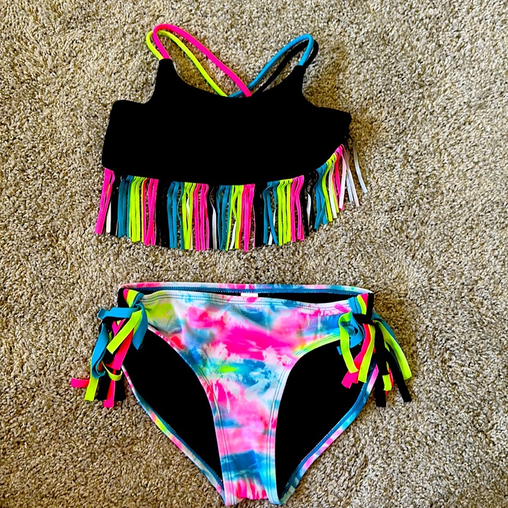 Girls Justice brand black bikini set with neon fringes size 10